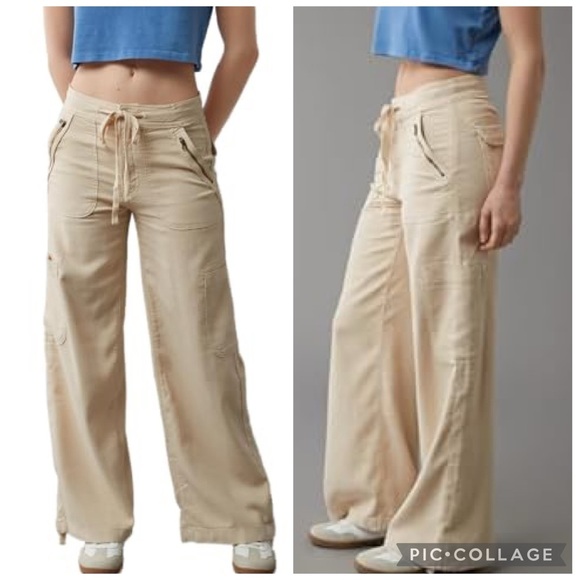 American Eagle Dreamy Drape Linen-Blend Baggy Wide-Leg Cargo Pants Size 0 - Picture 2 of 16